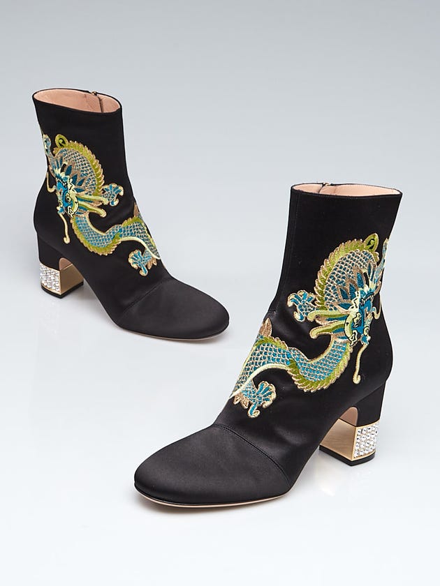 Gucci Black Satin Candy Embroidered Dragon Ankle Boots Size 8/38.5