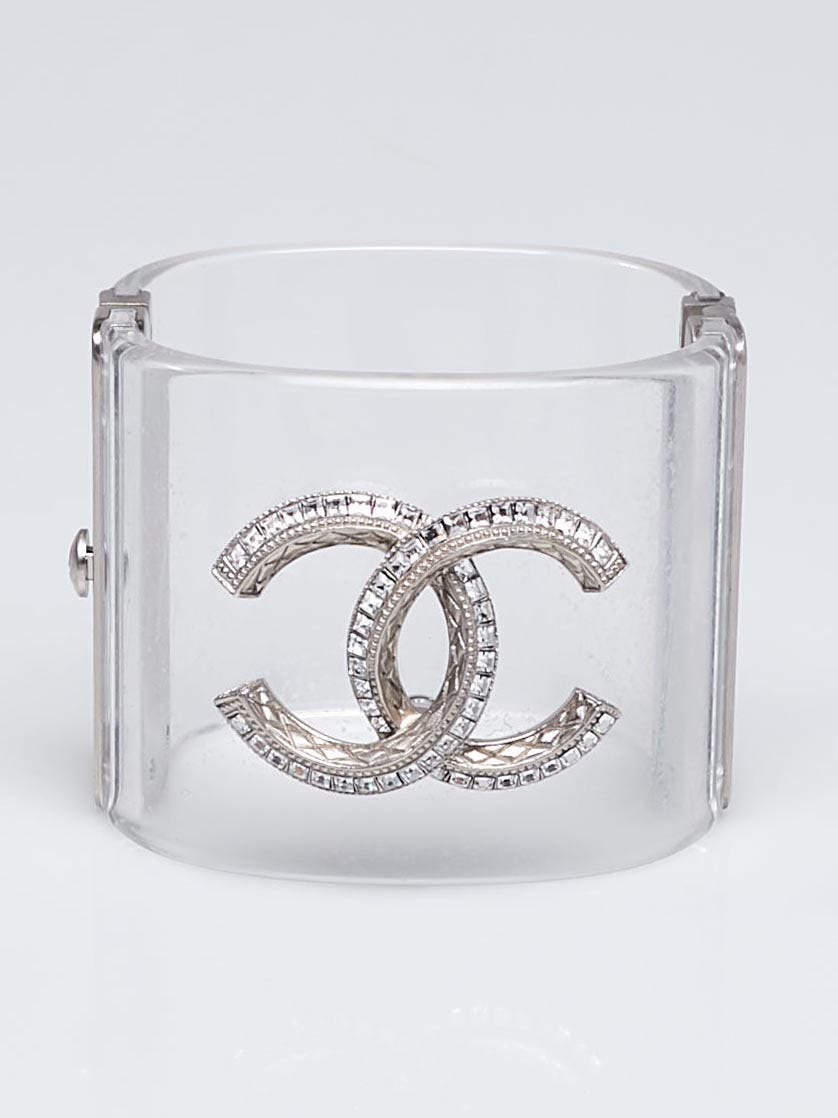 Chanel Clear Resin and Crystal CC Wide Cuff Bracelet - Yoogi's Closet