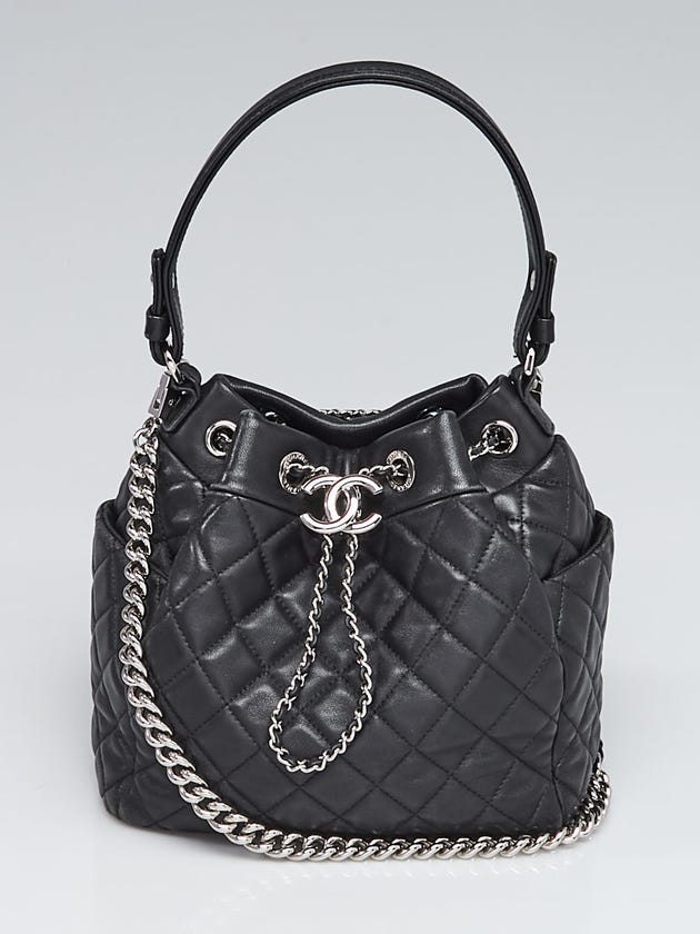 Chanel Black Quilted Leather Drawstring Chain Small Bucket Bag