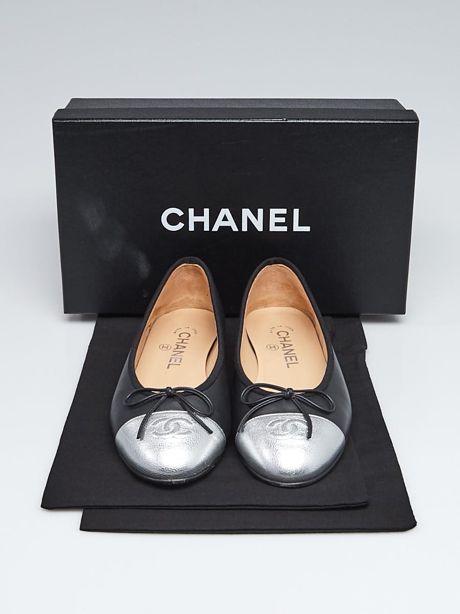 Chanel Black/Silver Leather CC Cap Toe Ballet Flat Size 6.5/37 - Yoogi's  Closet