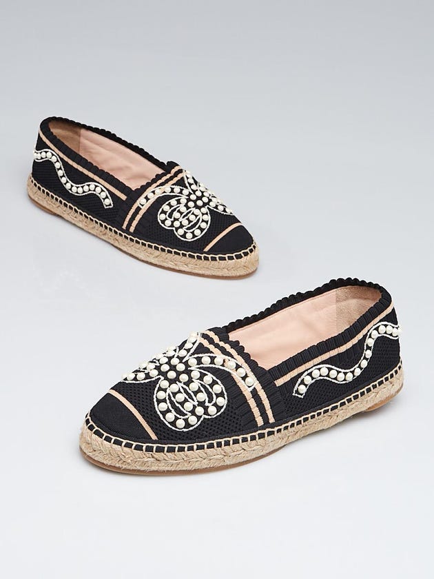 Fendi Black/Beige Knit Fabric Pearl Espadrille Flats Size 8.5/39