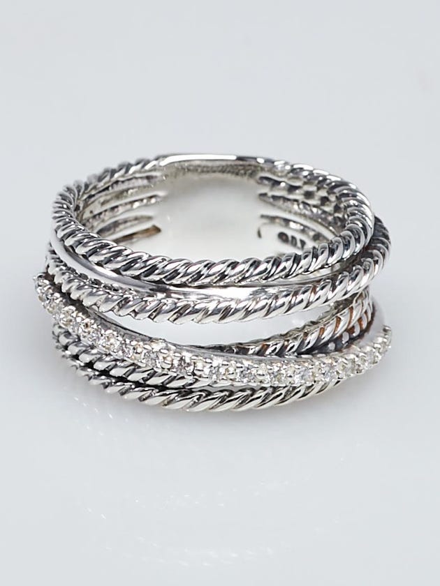 David Yurman Sterling Silver and Pave Diamonds Crossover Rings Size 6.5