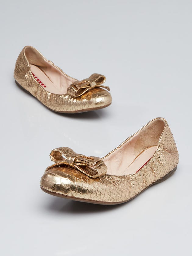 Prada Gold Snakeskin Elastic Bow Ballet Flats Size 6/36.5