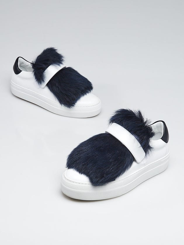 Moncler White Leather/Blue Fur Victorie Sneakers Size 6.5/37