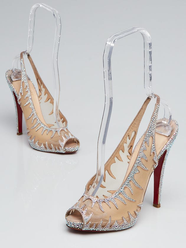 Christian Louboutin Silver/Nude Mesh Strass Marlena 120 Slingback Pumps Size 7.5/38