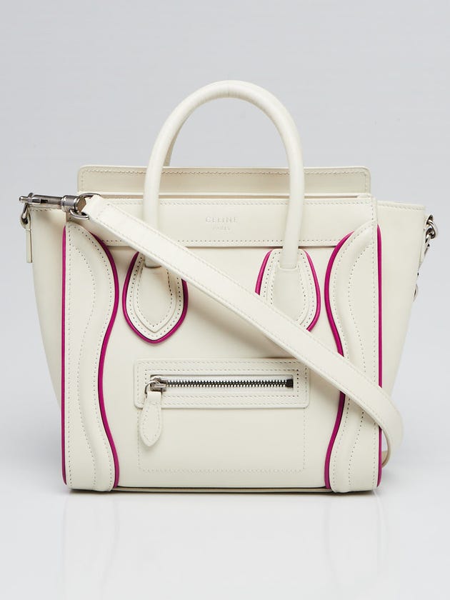 Celine White/Magenta Smooth Calfskin Leather Nano Luggage Tote Bag