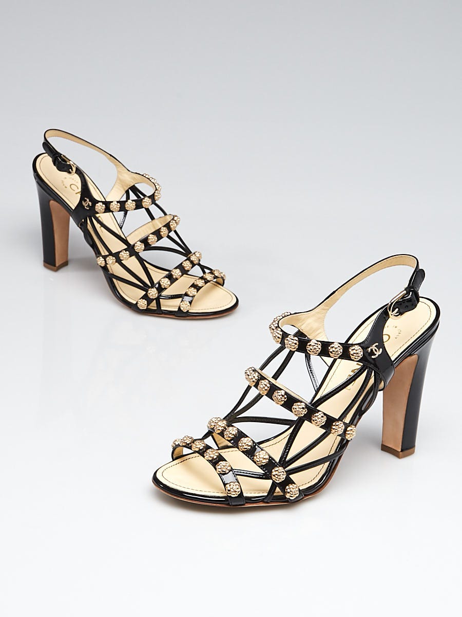 Chanel Black Patent Leather Camellia Studded Strappy Open Toe Sandals Size  /39 - Yoogi's Closet
