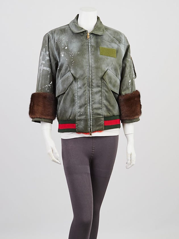 Gucci Green Nylon Graffiti Fur Trimmed Bomber Jacket Size 4/38