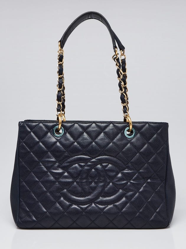 Chanel Navy Blue Quilted Caviar Leather Grand Shopping Tote Bag