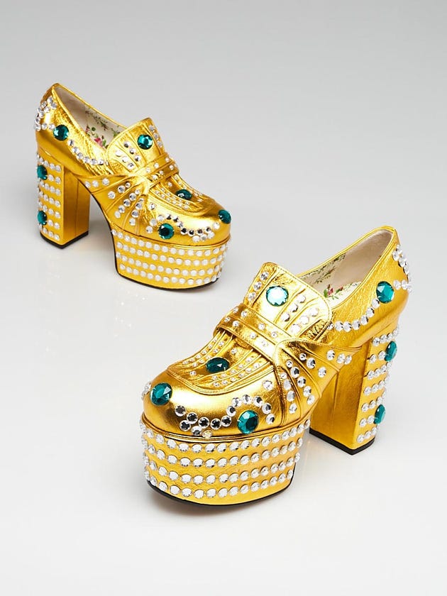 Gucci Gold Metallic Leather Amilina Platform Loafer Heels Size 7.5/38