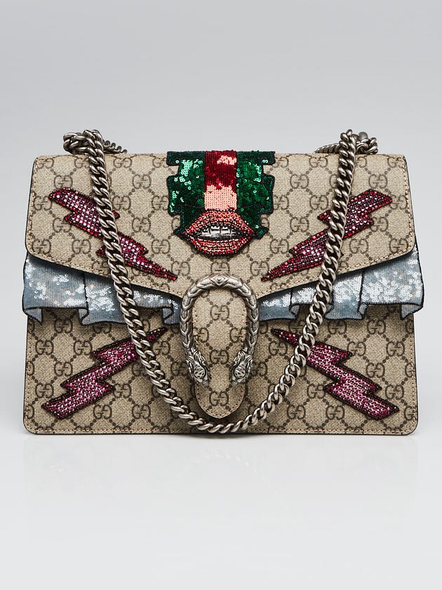Gucci Beige GG Supreme Canvas Embroidered Sequin Medium Dionysus Shoulder Bag