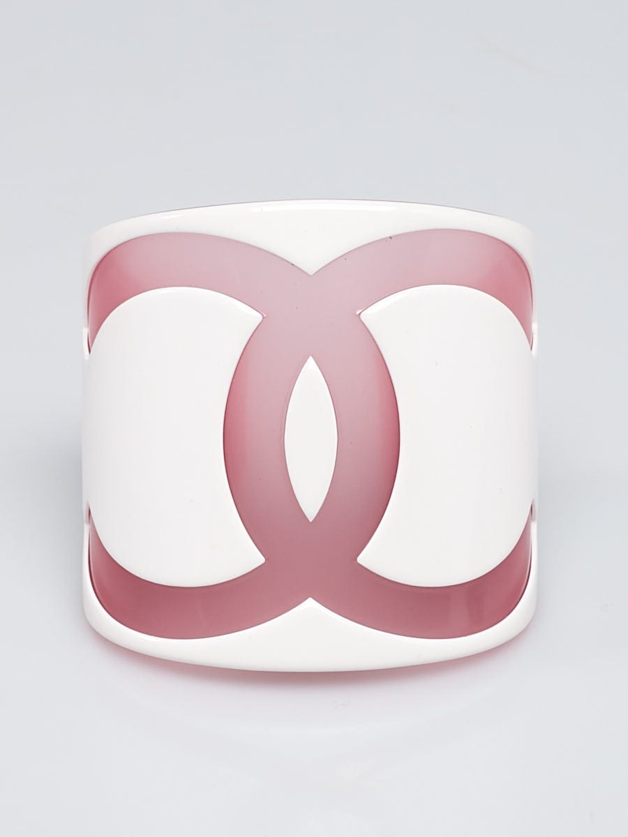 Chanel Pink/White Resin CC Logo Cuff Bracelet - Yoogi's Closet