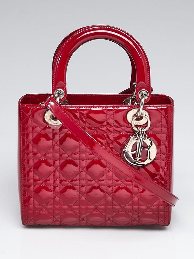 Christian Dior Dark Red Cannage Quilted Patent Leather Medium Lady Dior Bag