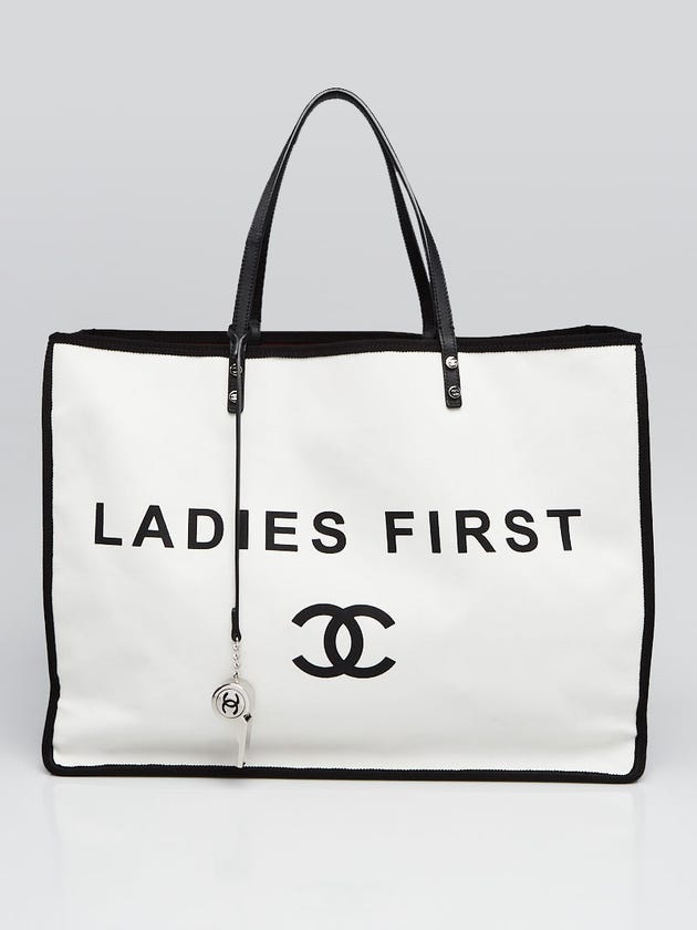 Chanel Black/White Canvas Ladies First Whistle Large Shopping Tote Bag