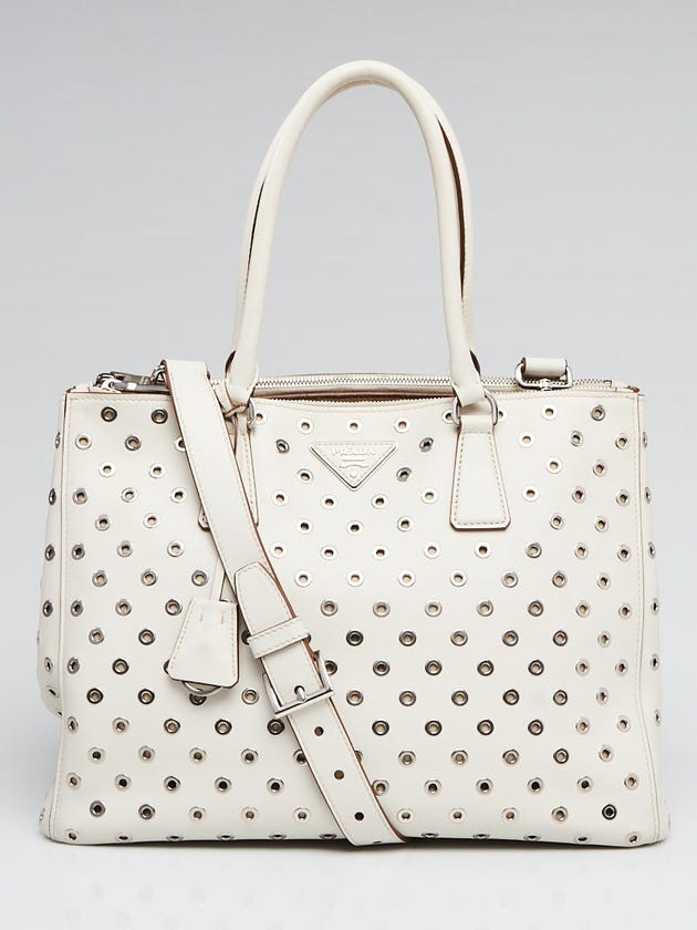 Prada Talco City Calf Leather Eyelet Medium Double Zip Tote Bag 1BA274