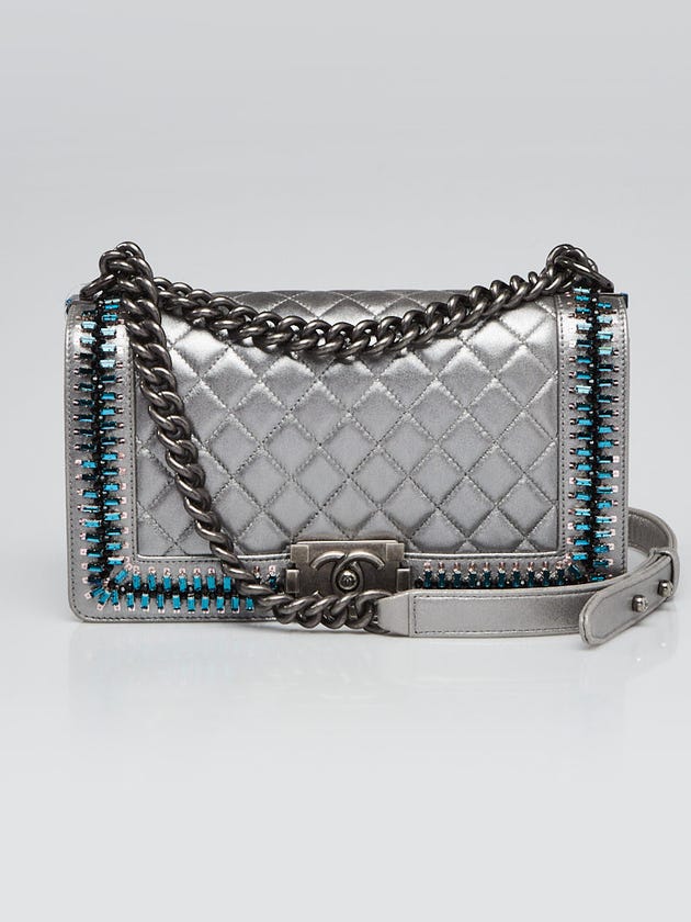 Chanel Silver Quilted Lambskin Leather Embroidered Medium Boy Bag