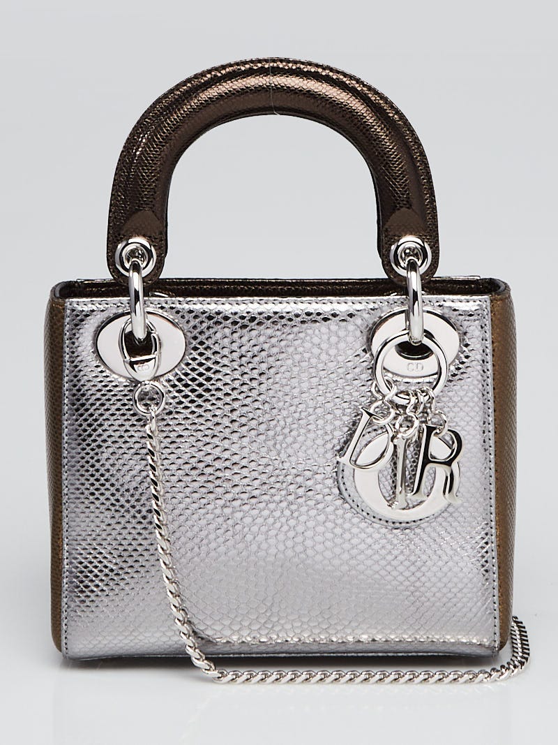 SILVER METALLIC GRAINED CALFSKIN CANNAGE LEATHER SMALL LADY DIOR BAG   styleforless