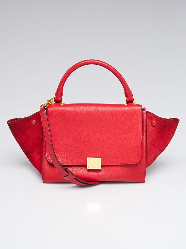 Celine Red Pebbled Leather and Suede Medium Trapeze Bag