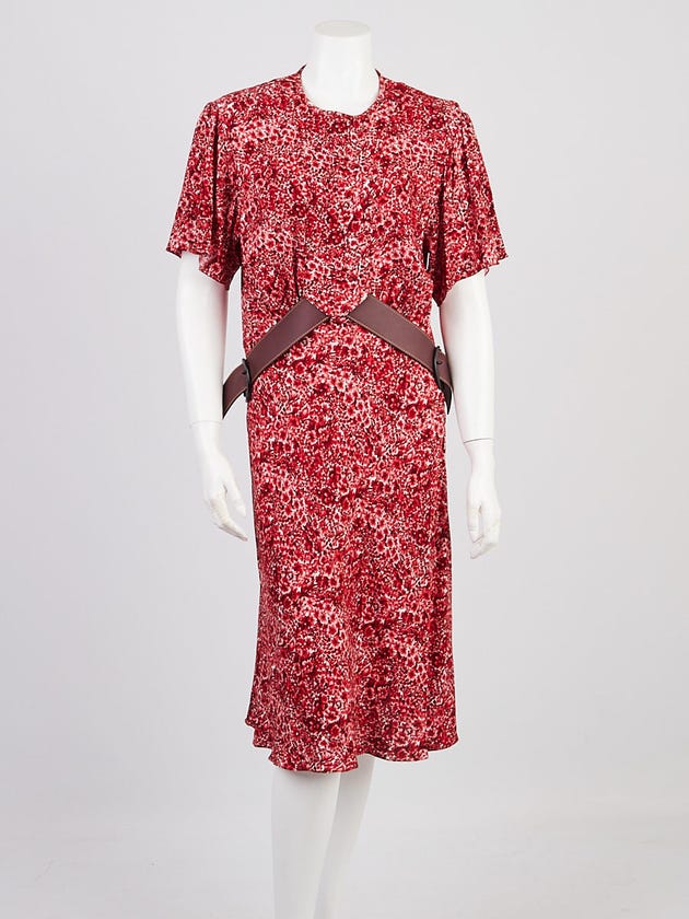 Louis Vuitton Red Floral Printed Viscose/Elastane Blend and Leather Belted Dress Size 6/38