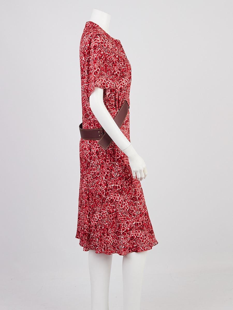 Louis Vuitton Red Floral Printed Viscose/Elastane Blend and Leather Belted Dress Size 6/38