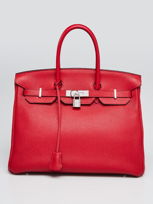 Hermes 35cm Rouge Casaque Clemence Leather Palladium Plated Birkin Bag