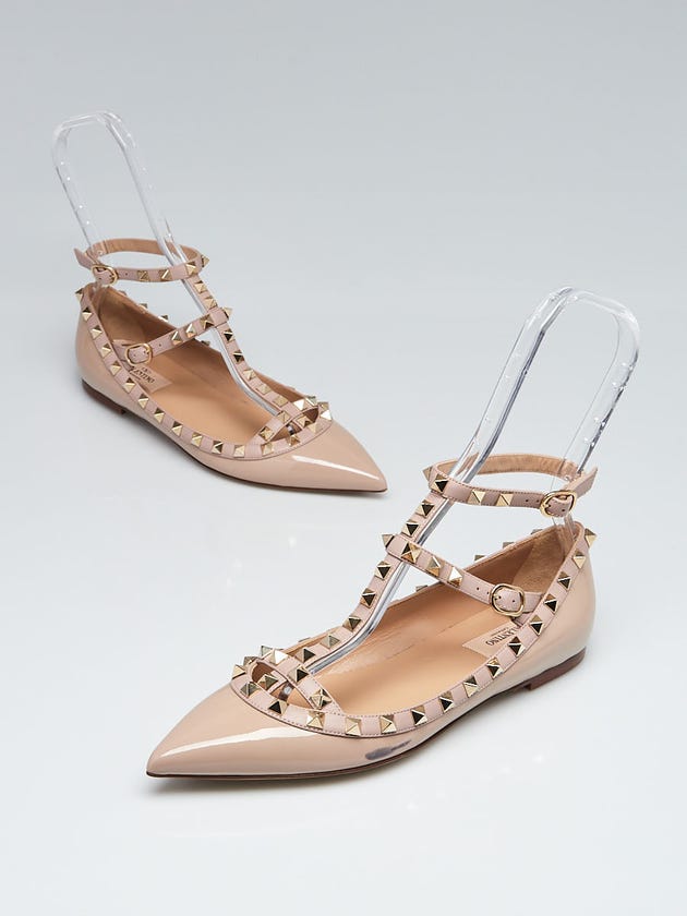 Valentino Beige Patent Leather Rockstud Cage Flats Size 7.5/38