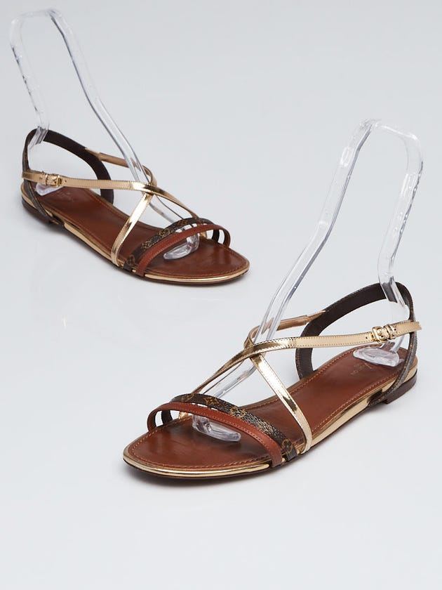 Louis Vuitton Gold/Brown Leather Landscape Flat Sandals Size 11.5/42