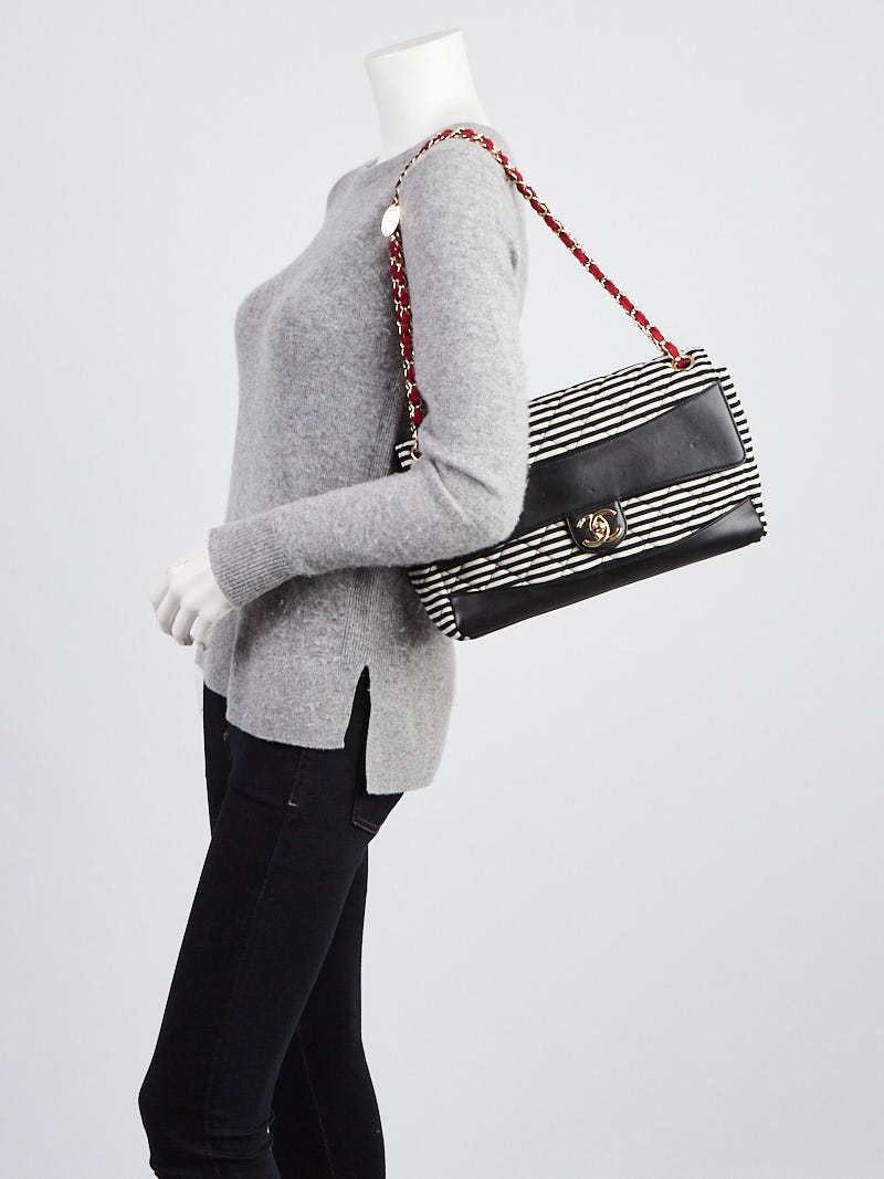 Chanel Black Striped Quilted Jersey and Leather Coco Sailor Jumbo Flap Bag  - Yoogi's Closet
