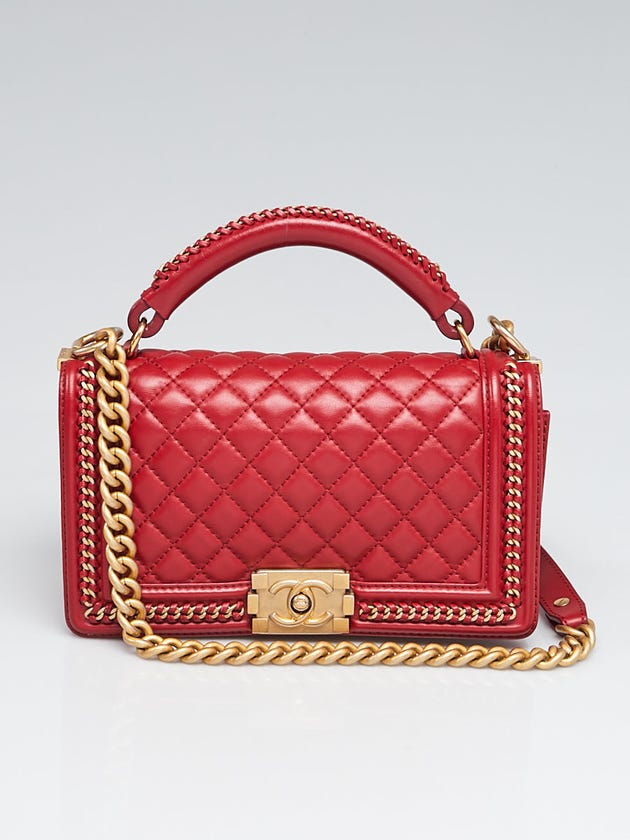 Chanel Red Quilted Lambskin Leather Chain Top Handle Medium Boy Bag