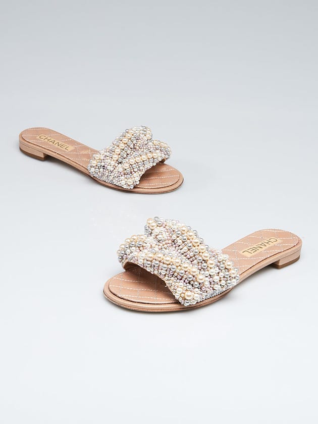 Chanel Beige Leather Pearl Fantasy Slides Size 9.5/40