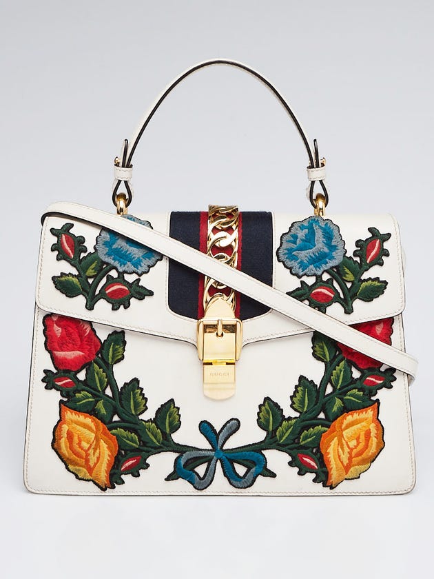 Gucci White Smooth Calfskin Leather Floral Embroidered Medium Sylvie Top Handle Bag