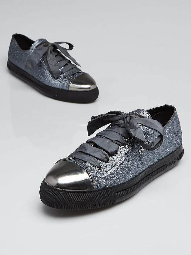 Prada Silver Glitter Leather Low-Top Sneakers Size 10/40.5