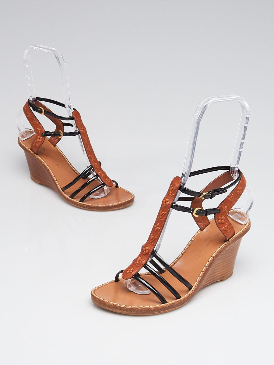 Louis Vuitton Brown Embossed Leather Key West Wedge Sandals Size