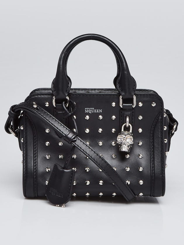 Alexander McQueen Black Studded Leather Mini Skull Padlock Zip Satchel Bag