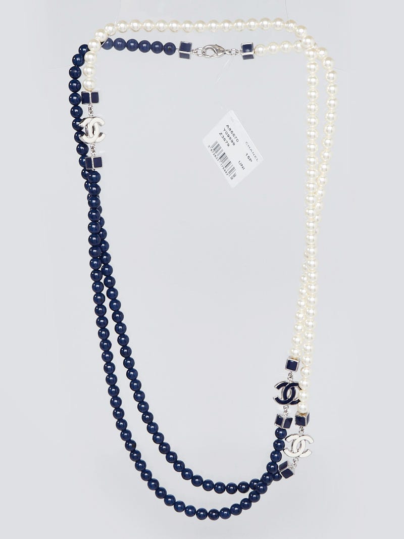 Chanel Blue/White Bead/Pearl CC Long Necklace | Yoogi's Closet