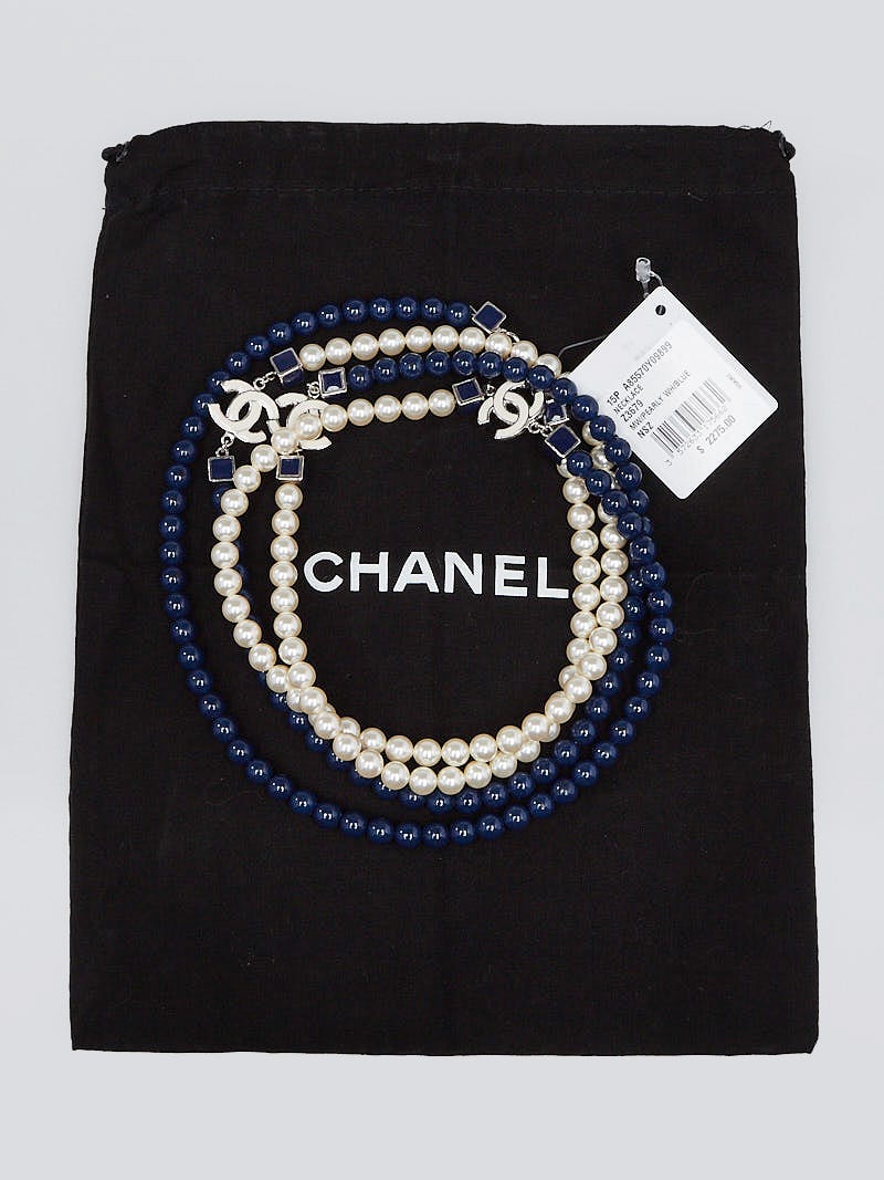Chanel Blue/White Bead/Pearl CC Long Necklace | Yoogi's Closet