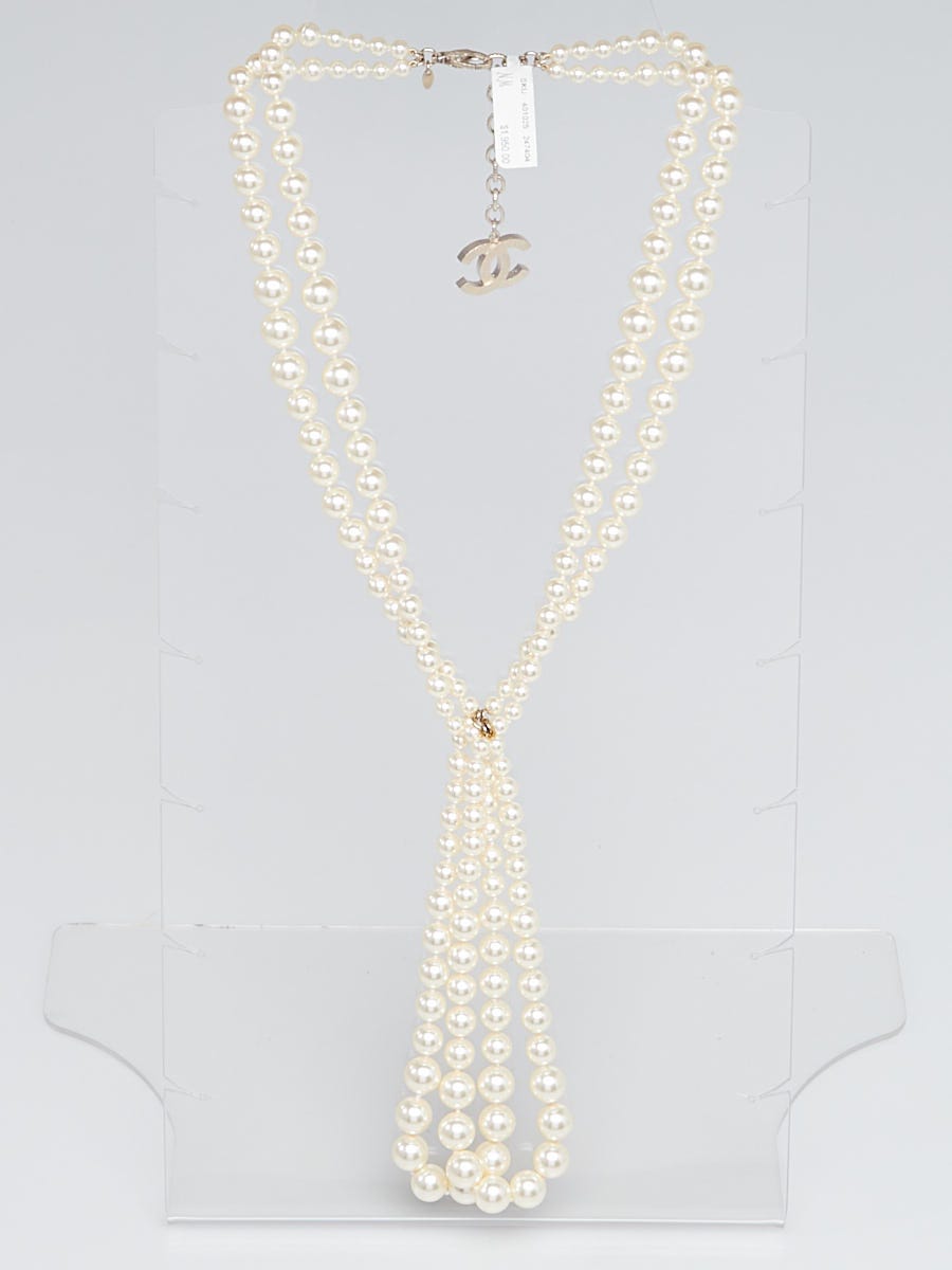 Chanel Off White Faux Pearl Double CC Necklace - Yoogi's Closet