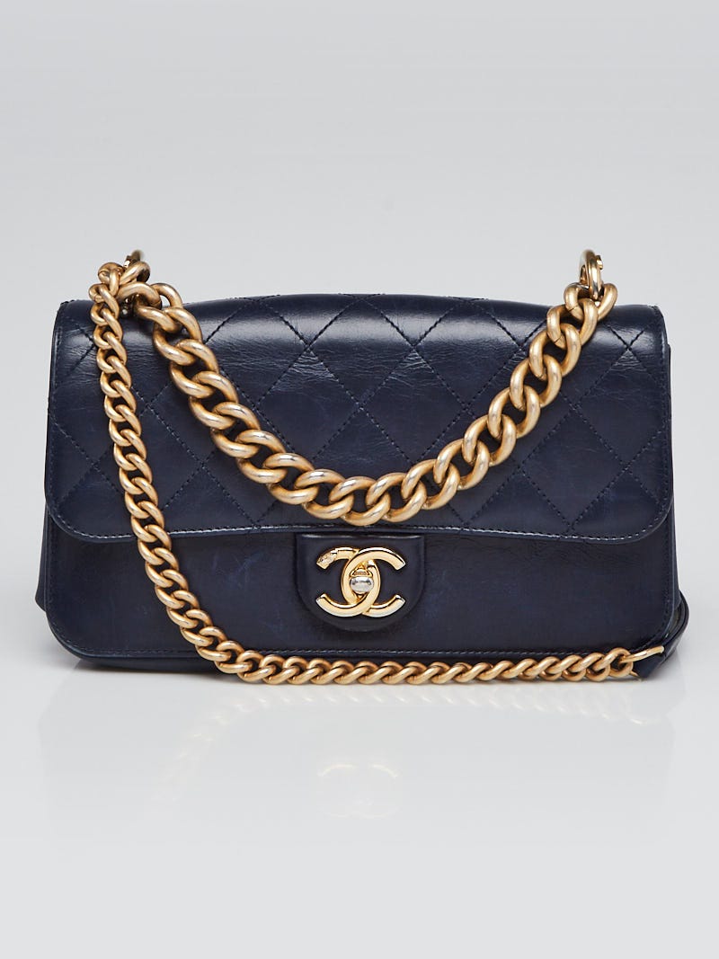 Chanel Blue Quilted Glazed Leather Small Straight Line Flap Bag