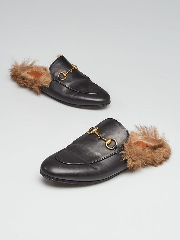 Gucci Black Leather and Fur Princetown Mule Flats Size 6.5/37