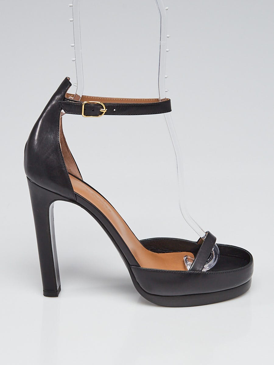 Hermes Black Leather Open Toe Ankle Strap Heels Size 6.5/37