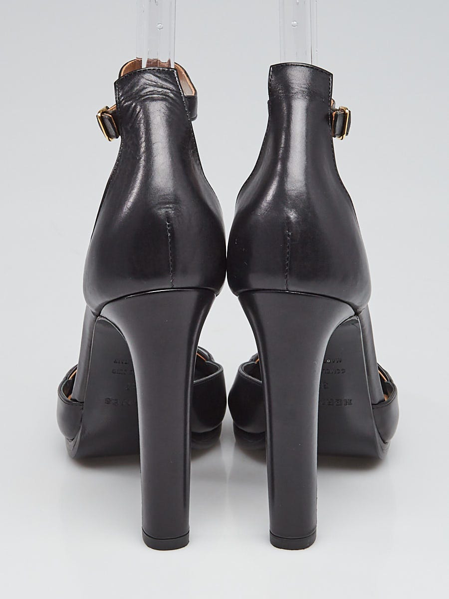 【超安い】 Hermes Black 6.5/37 Size Heels Strap Ankle Toe Open Leather 靴