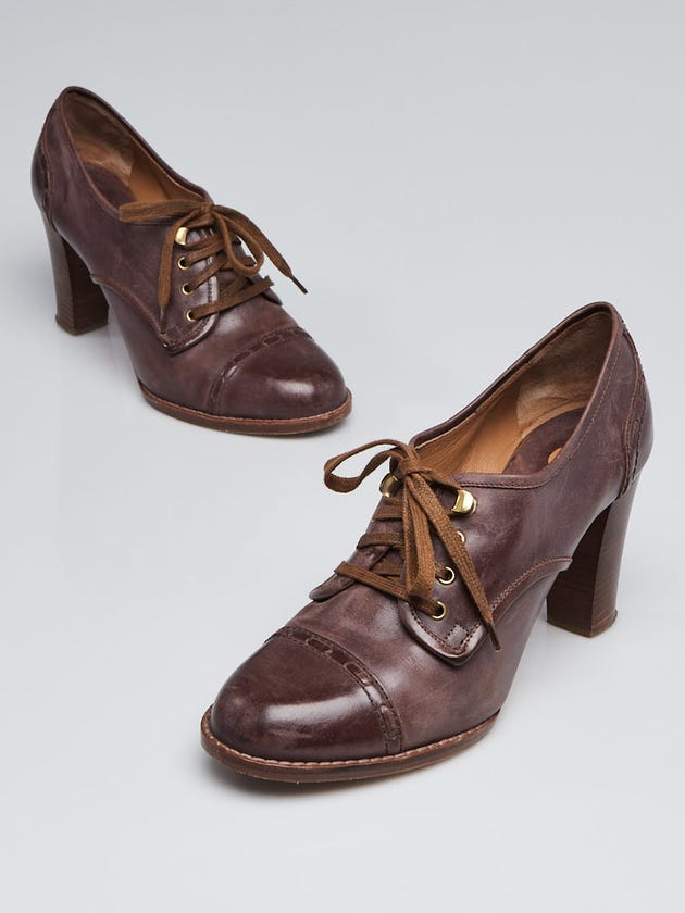 Chloe Dark Brown Leather Lace Up Oxford Heels Size 8.5/39