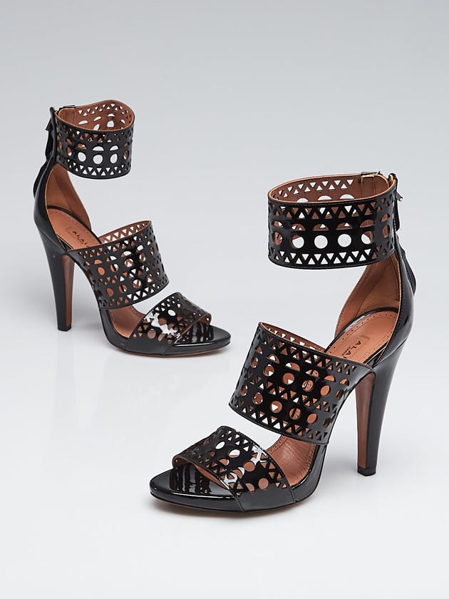 Alaïa Black Lase Cut Patent Leather Ankle Wrap Sandals Size 8.5/39