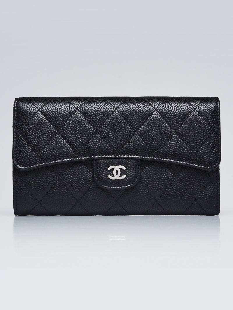 Authentic Chanel Black Iridescent Caviar Chevron Quilted Compact Flap Wallet