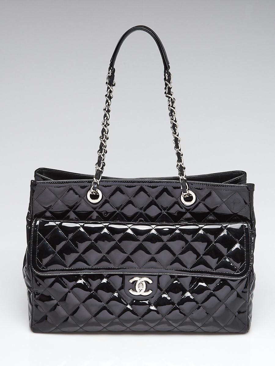 Chanel Black Quilted Patent Leather Front Pocket Large Tote Bag