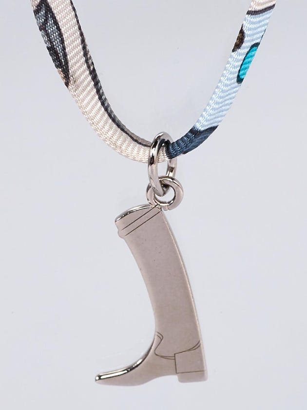 Hermes Blue Printed Silk and Silver Boot Charm Petit H Wrap Bracelet