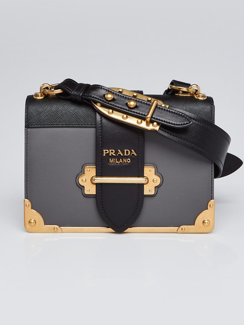 Prada Mercury/Black Leather City Calf and Saffiano Leather Cahier Bag 1BD045  - Yoogi's Closet
