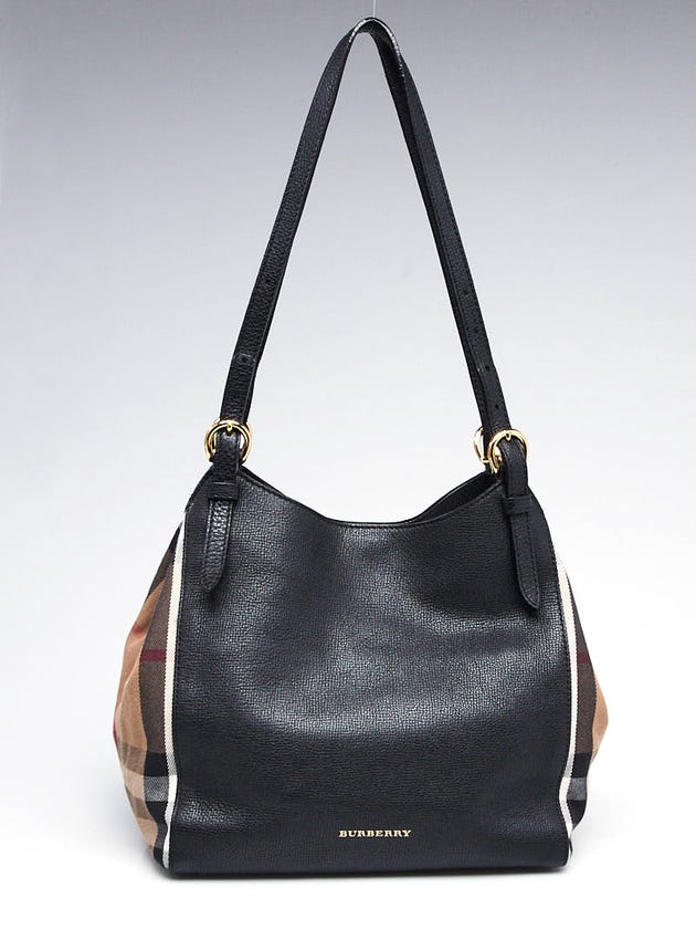 Burberry Black Leather and House Check Canvas Small Canterbury Tote Bag
