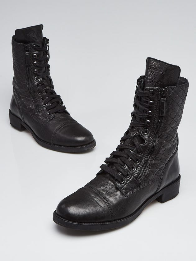 Chanel Black Quilted Leather Lace Up Boots Size 11.5/42
