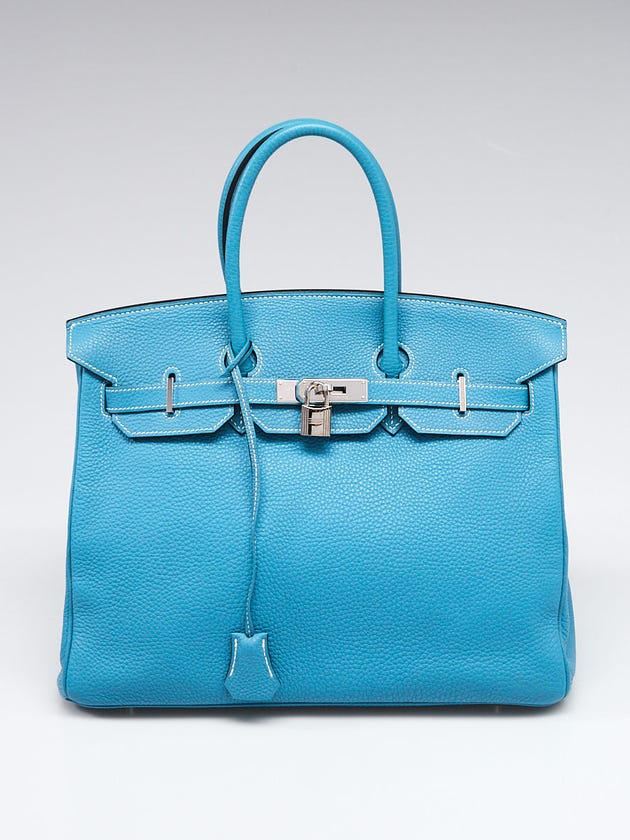 Hermes 35cm Blue Jean Clemence Leather Palladium Plated Birkin Bag